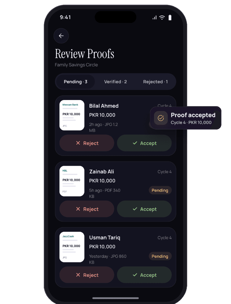 Payment proofs screen